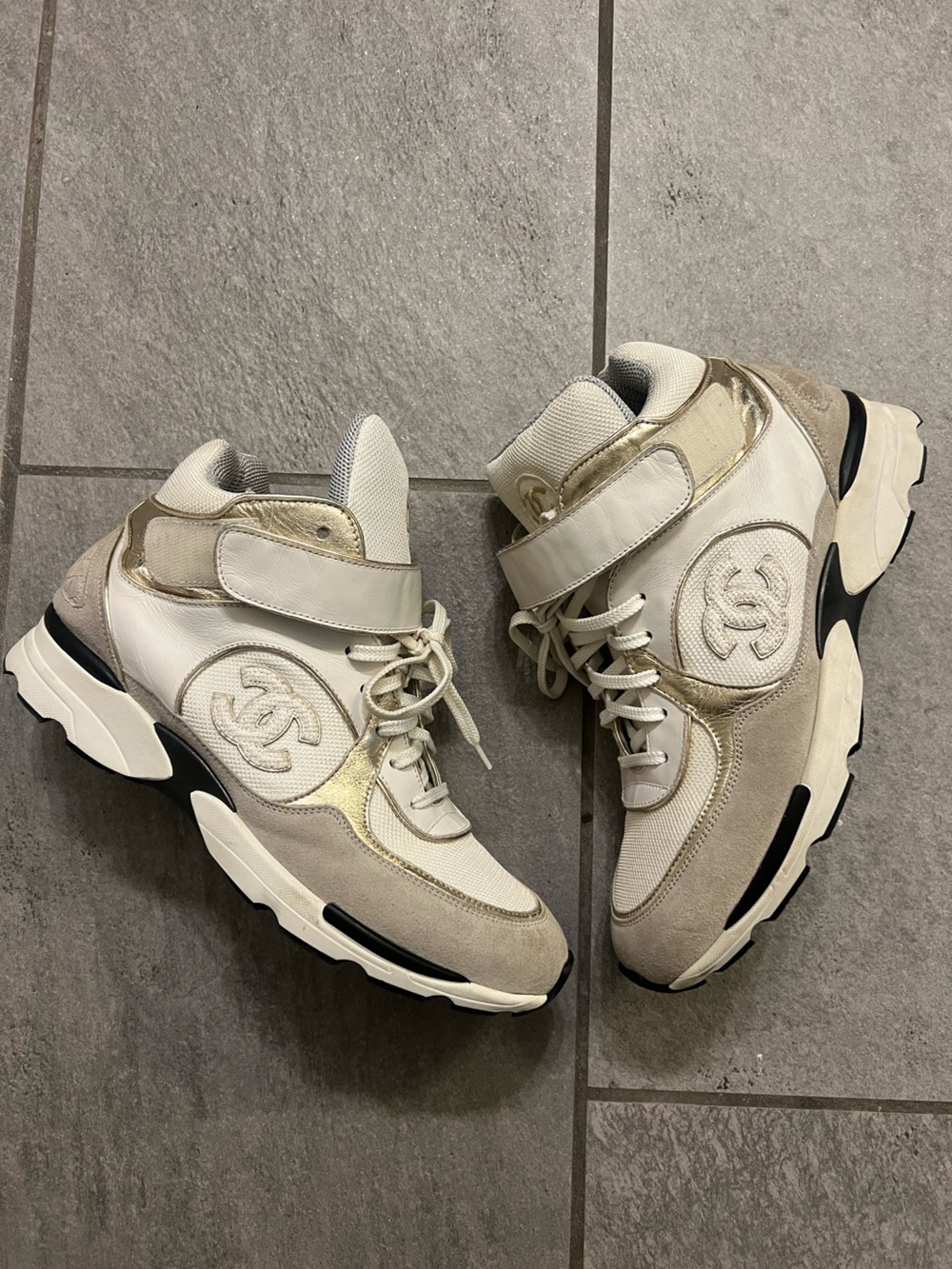 CHANEL White, Beige & Gold High-Top Sneakers